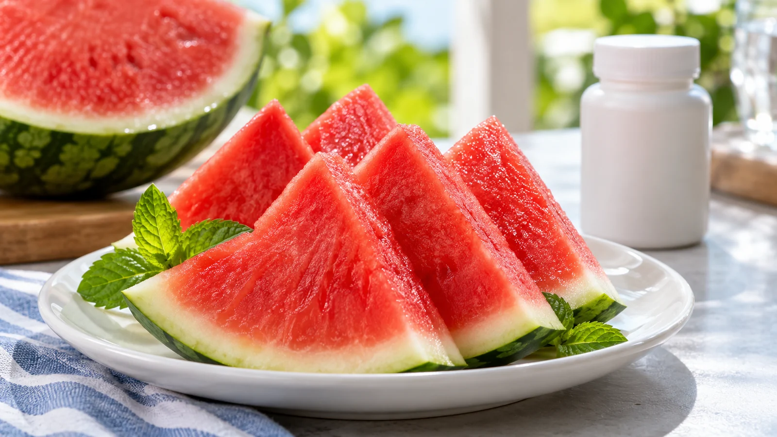 Frisch geschnittene Wassermelone und ein Behälter für Nahrungsergänzungsmittel