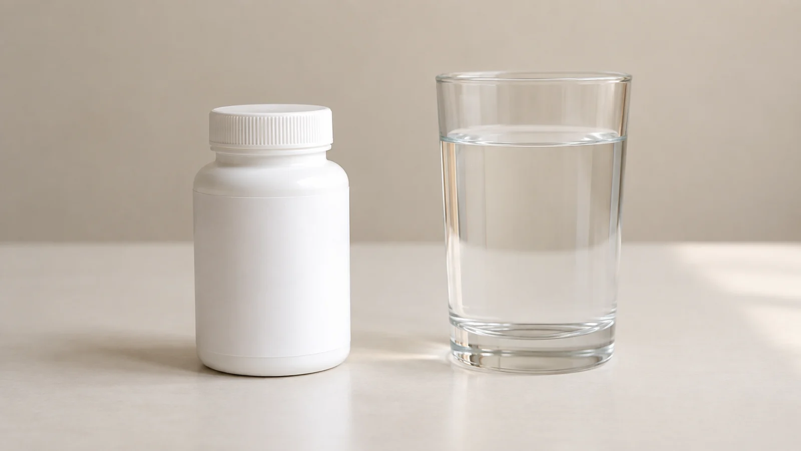 Unbeschrifteter Behälter für Nahrungsergänzungsmittel und ein Glas Wasser