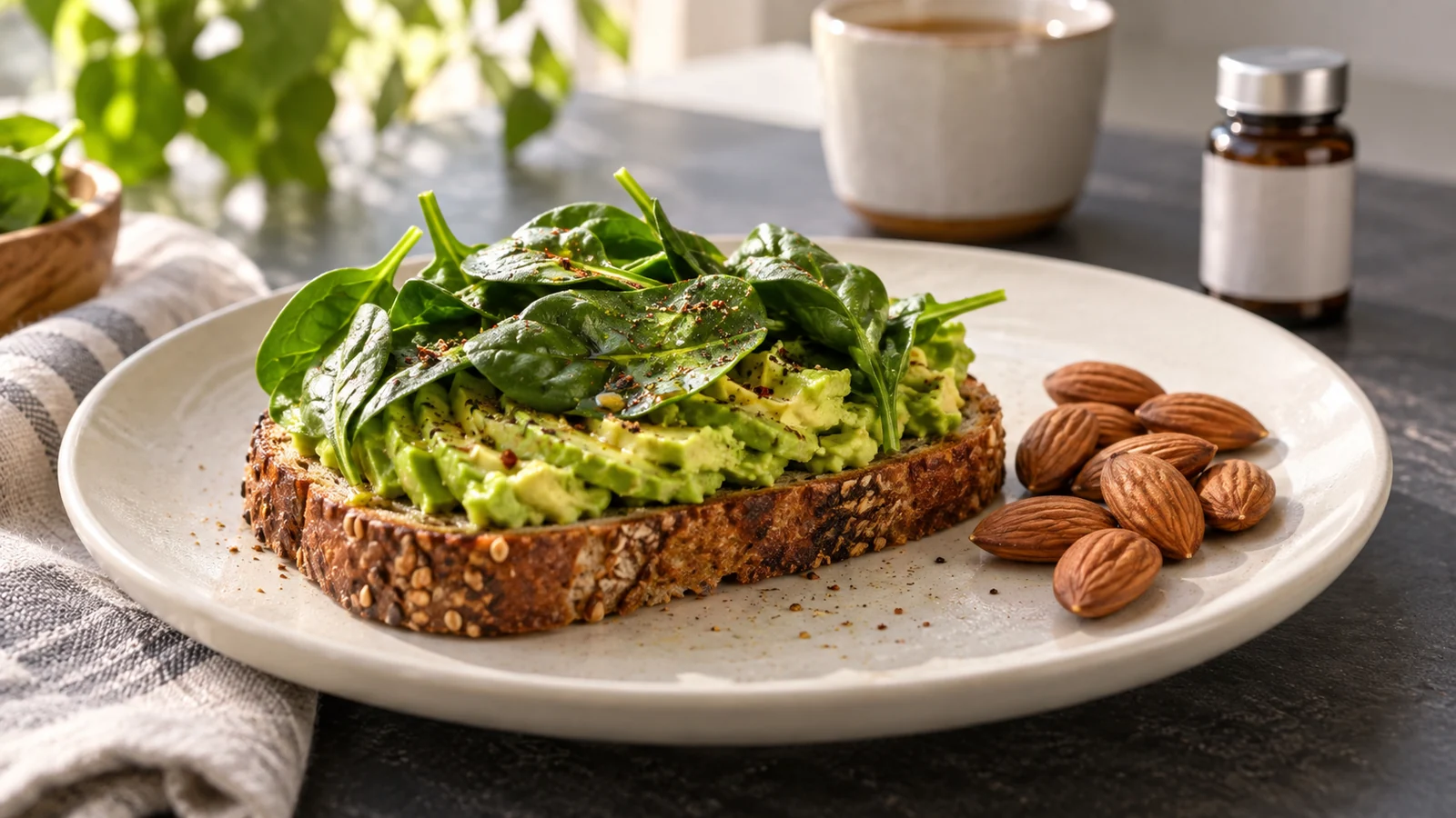 Toast mit Avocado und Spinat neben einem Behälter für Nahrungsergänzungsmittel