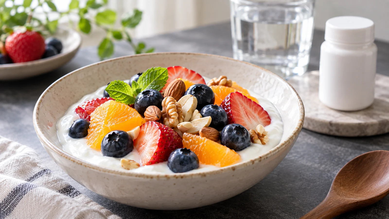 Joghurt mit Obst und ein Behälter für Nahrungsergänzungsmittel